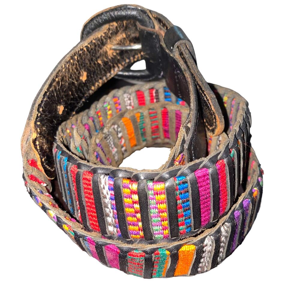 Stitched woven Genuine Leather Aztec Ethnic Boho Indie Print Belt size 42 pink